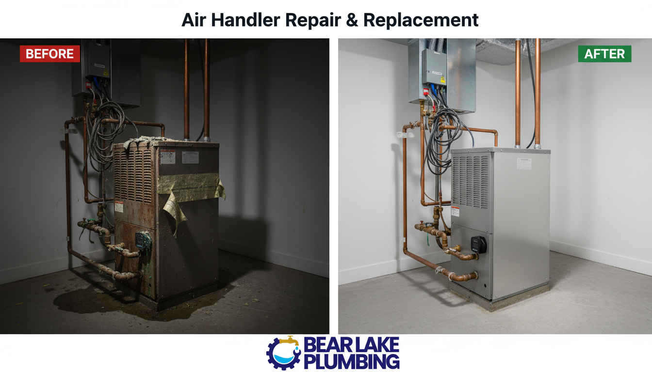 Before and after air handler repair and replacement in Lakewood CO by Bear Lake Plumbing — improved airflow, quieter operation, and better HVAC performance