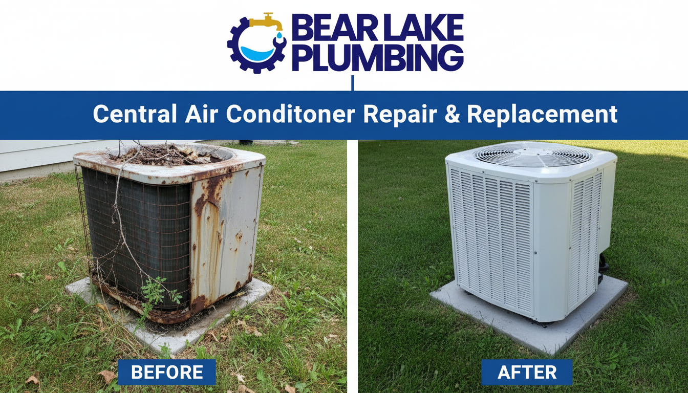 Before and after central air conditioner replacement by Bear Lake Plumbing in Lakewood CO