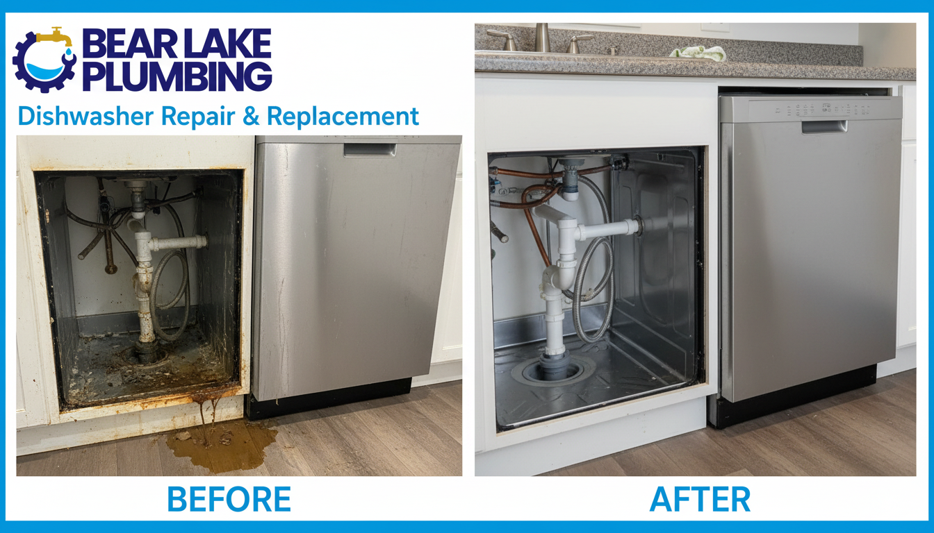Before and after dishwasher repair and replacement by Bear Lake Plumbing in Lakewood CO