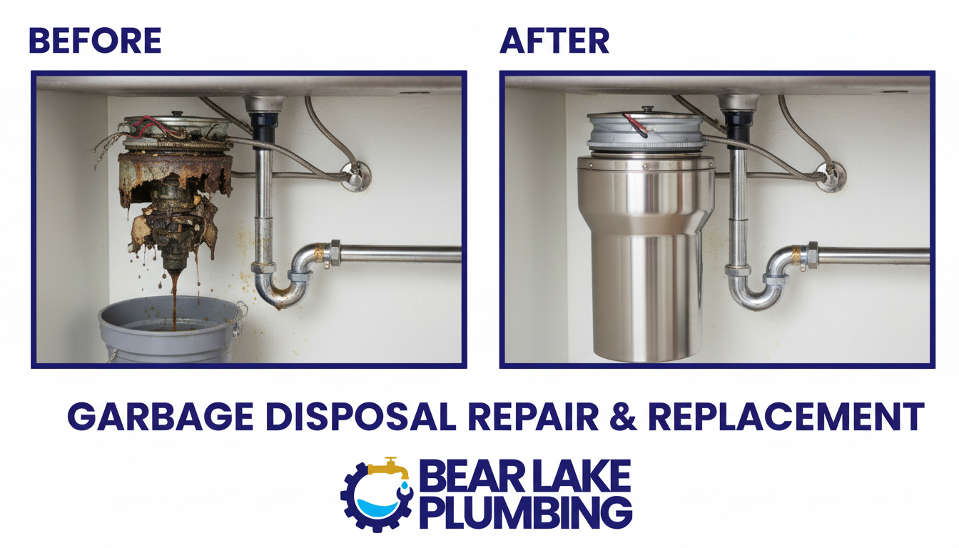 Before and after garbage disposal repair and replacement in Lakewood CO by Bear Lake Plumbing — quieter, leak-free kitchen sink disposal